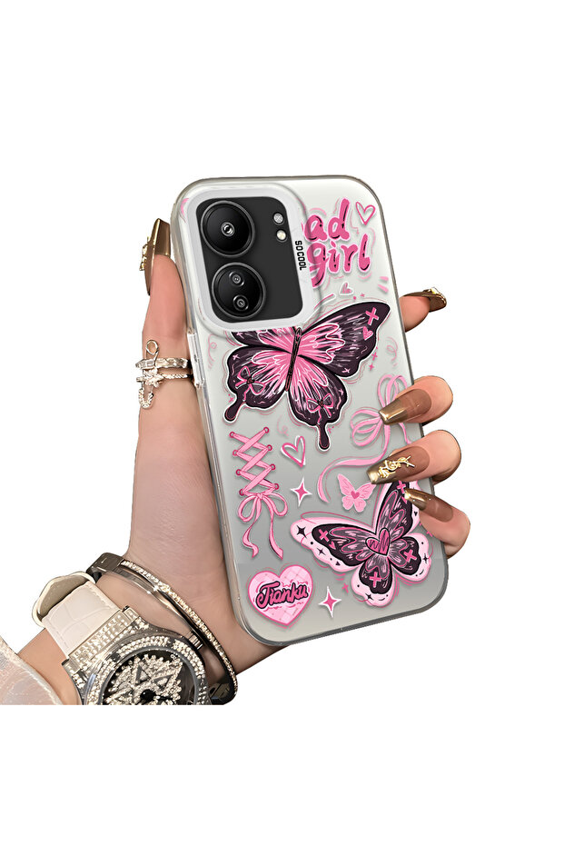 Xiaomi Poco C65 Compatible Colorful Silver Matte Glossy Surface Impact Protection Case with Butterfly Pattern