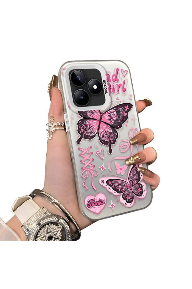 Realme C53 Compatible Colorful Silver Matte Glossy Surface Impact Protection Case Butterfly Pattern