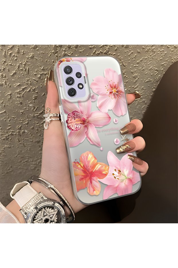 Samsung Galaxy A72 Compatible Flower Pattern Matte Glossy Surface Impact Protection Colorful Silver Case