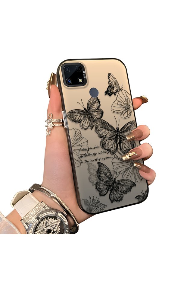 Realme C25 Compatible Colorful Silver Matte Shiny Surface Impact Protection Case with Butterfly Pattern