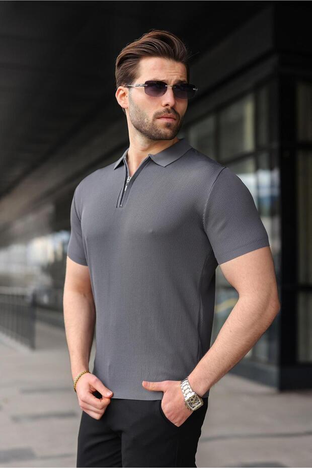 Anthracite Half Zip Polo Neck Knitwear Men's T-Shirt E7459