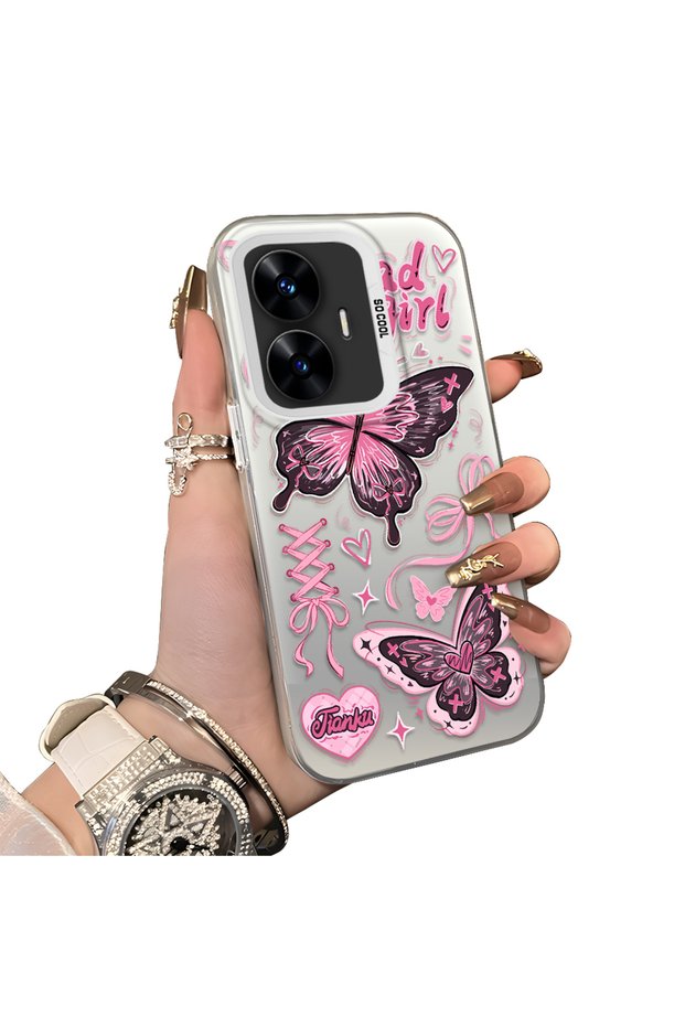 Realme C55 Compatible Colorful Silver Matte Glossy Surface Impact Protection Case with Butterfly Pattern
