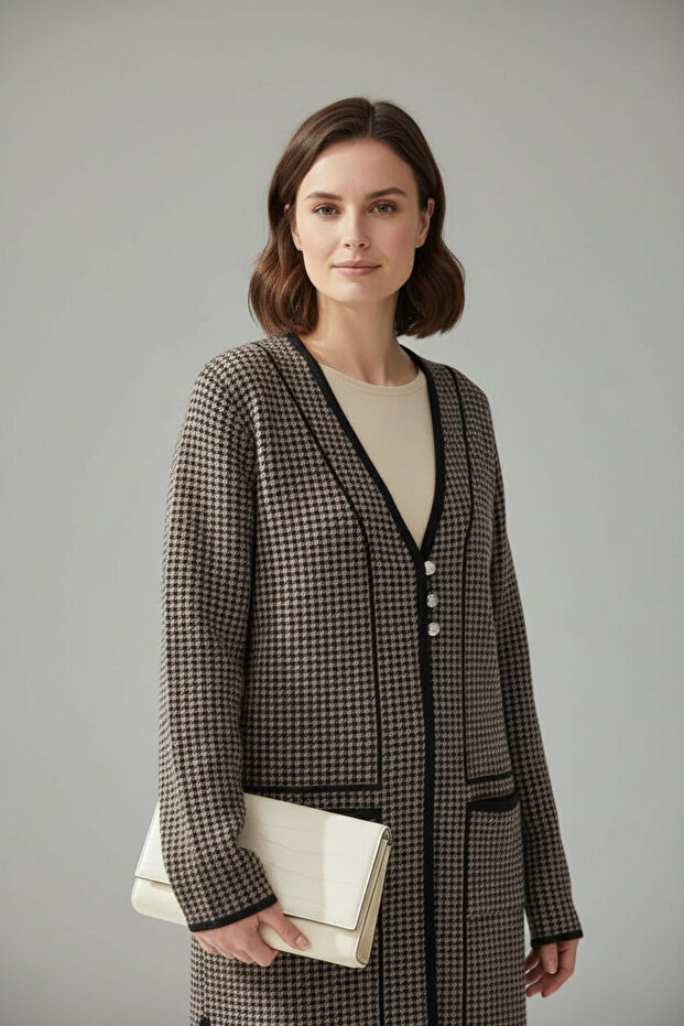 Plus Size Women's Boat Neck Pocketed Knitwear Cardigan Long Length