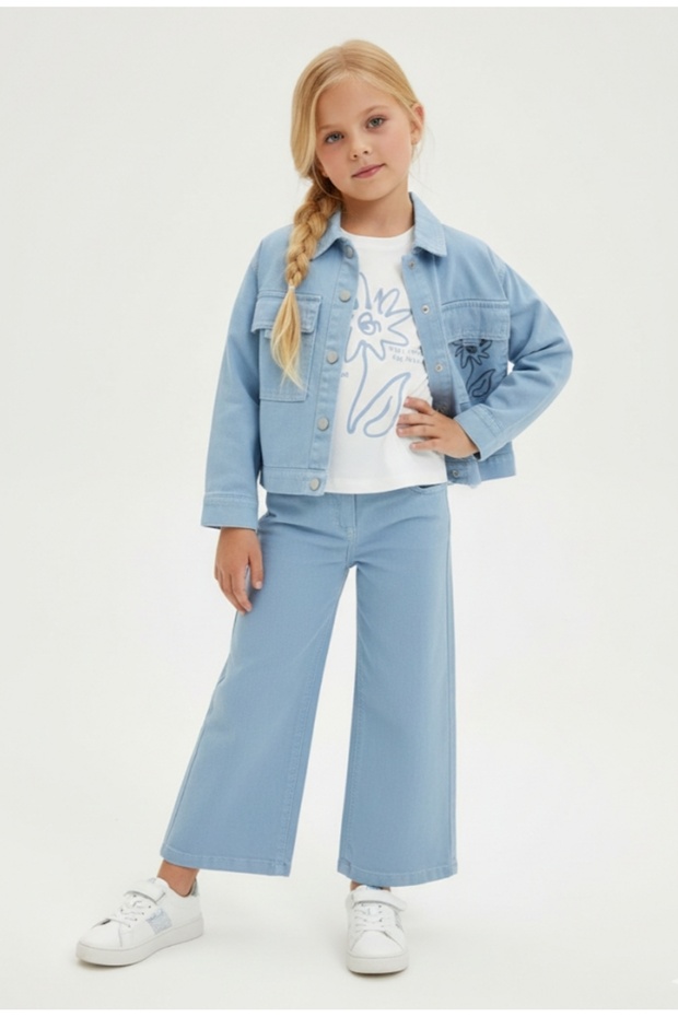 Girl's Button Closure Double Flap Pocket Denim Jacket T-Shirt Adjustable Waist Denim Pants Set