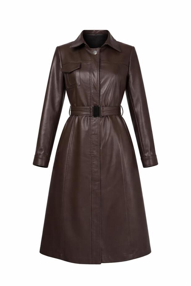 Belted Faux Leather Trench Coat