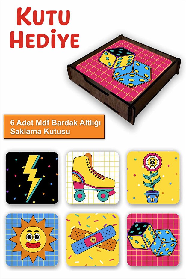 Fun Colorful Set of 6 Mdf Coasters | Colorful Pop Art Design | Wooden Box with Gift