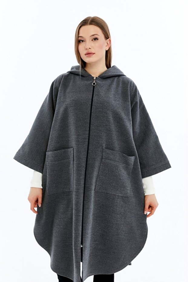 Kışlık Kapüşonlu Kaşe Panço - 1