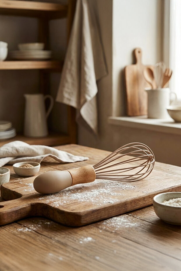 Heat Resistant Wooden Handle Silicone Whisk Egg Mixer Beige 25 cm