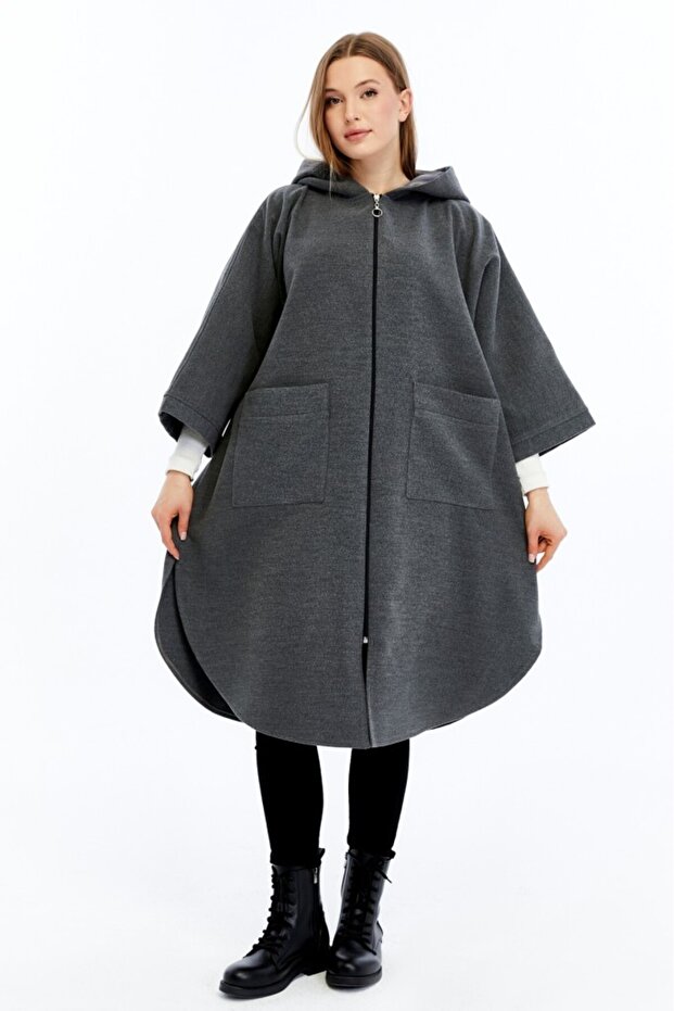 Kışlık Kapüşonlu Kaşe Panço - 7