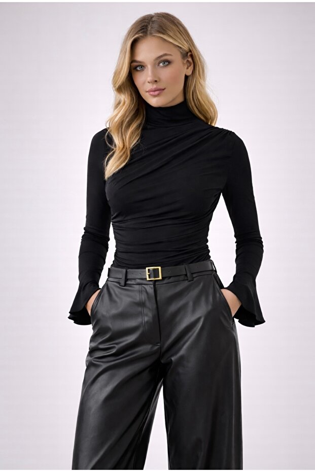 Shoulder Gathered Turtleneck Top Bodysuit
