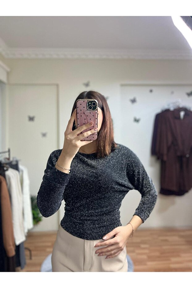 Simli Uzun Kollu Basic Bluz - 1