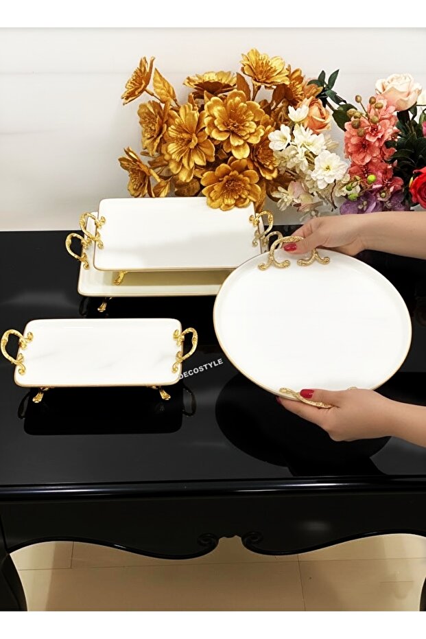 5 Piece Porcelain Serving Set with Handles, Gold Gilt Detail