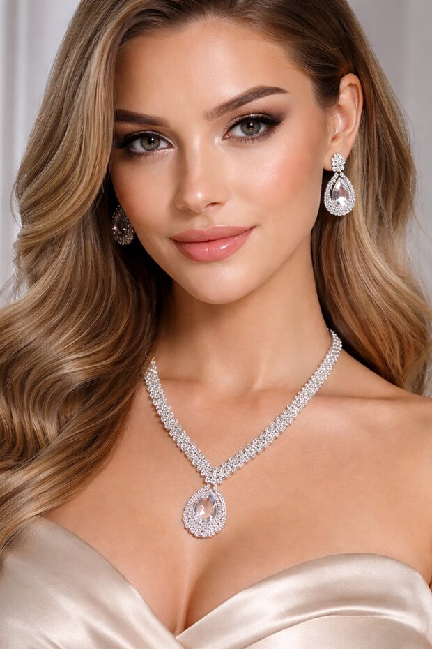 Silver Color Stone Detailed Evening Dress/Wedding Set