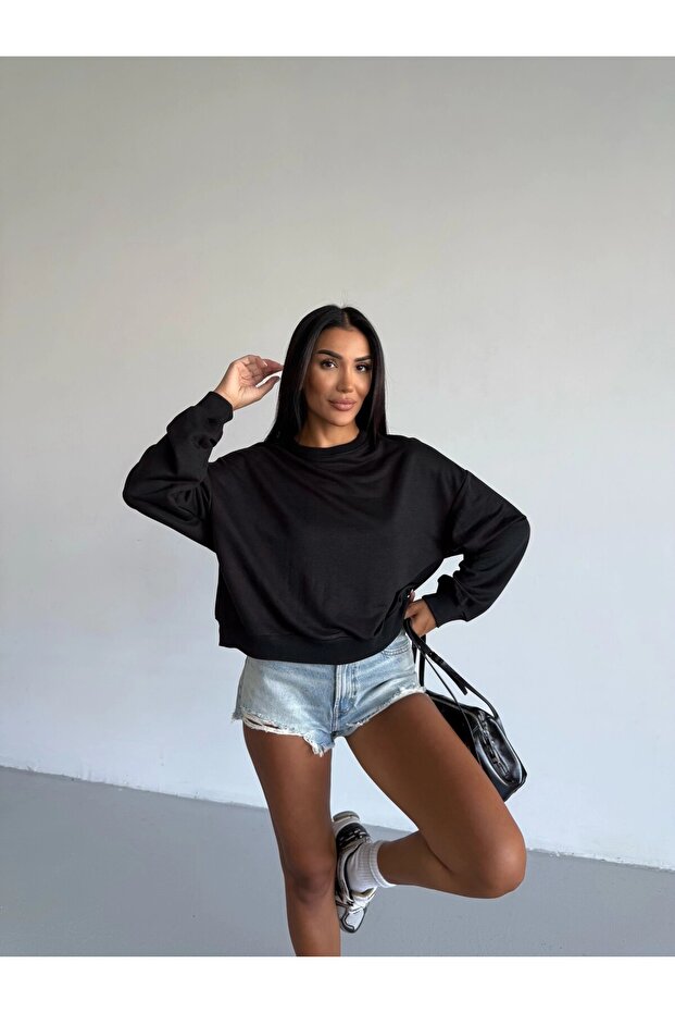 Women's Black Crew Neck 2 Thread Sweatshirt Hzl25W-Fry123391