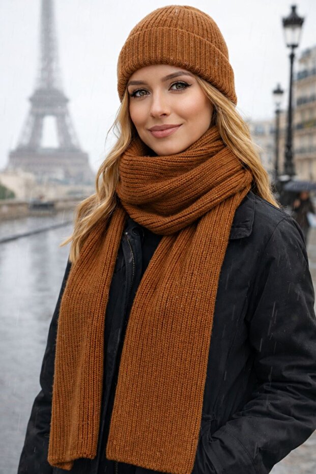 Camel Lux Wool Corded Fabric Knitted Scarf and Beanie Set of 2 45X210 cm