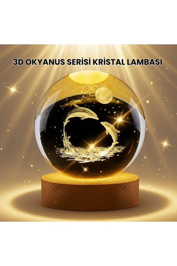 Laser Engraved Dolphin Crystal Ball with Warm Light Wooden Stand