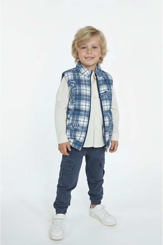 Boy's Zipper Closure Puffer Vest Woven Shirt Elastic Waist Cargo Pocket Pants Set