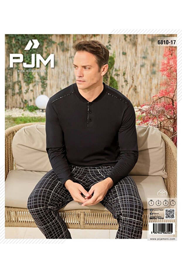 Men's Compact Combed Three Button Piped Long Sleeve Pajama Set