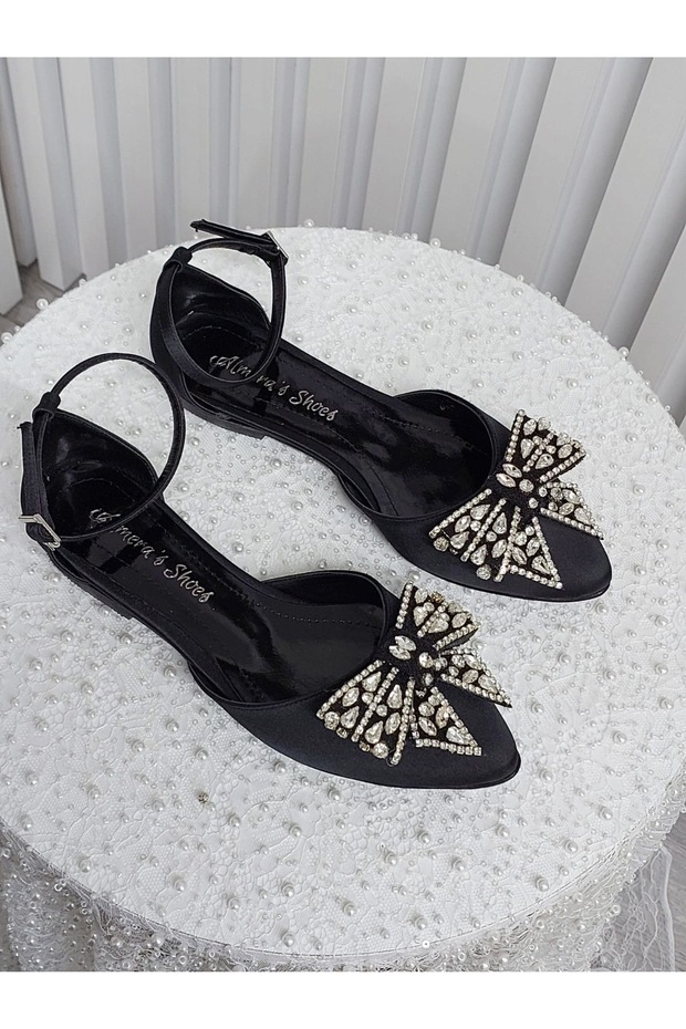 Black Satin Stone Bow Ballerina Ballet Shoes