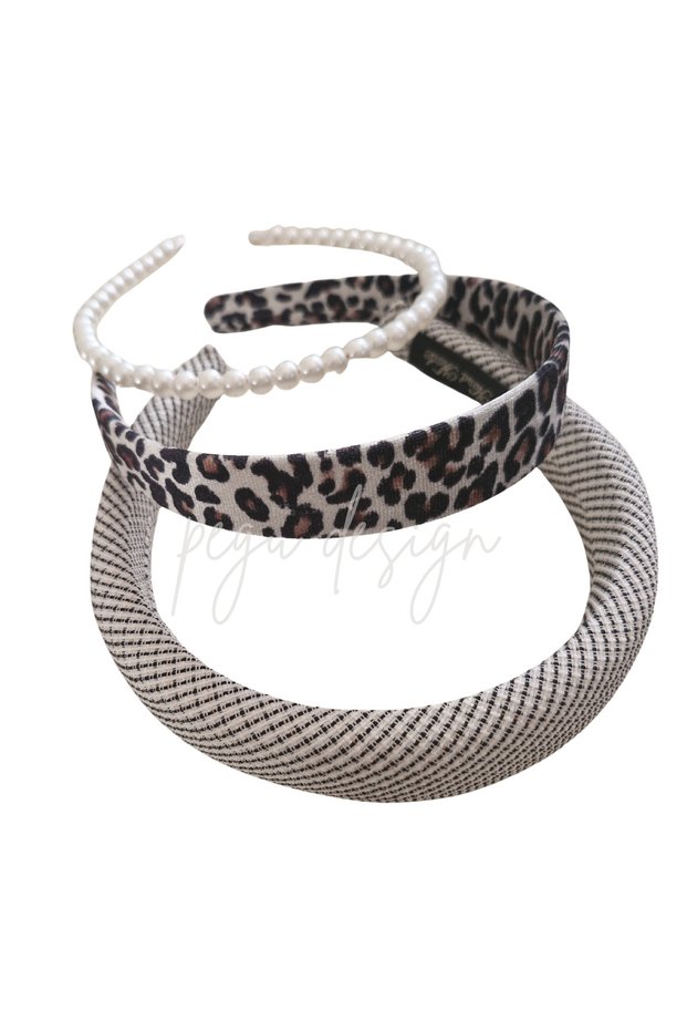 Set of 3 Striped Padded Crown and Leopard Velvet and Pearl Crown Set