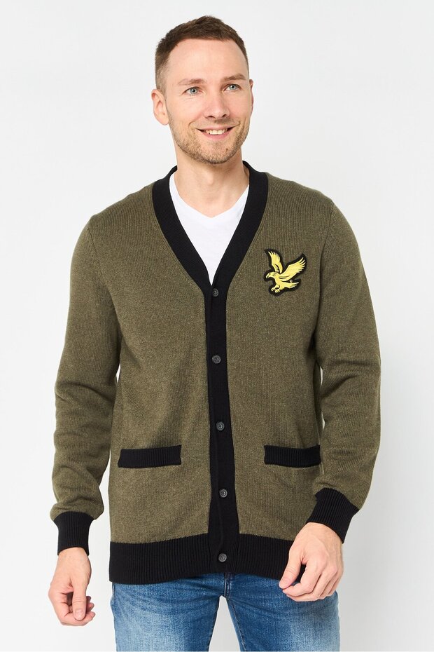 Men V Neck Embroidered Logo Cardigan, Olive