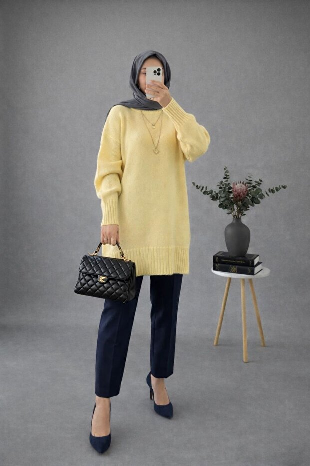 Sarı Bisiklet Yaka Oversize Triko Tunik - 4