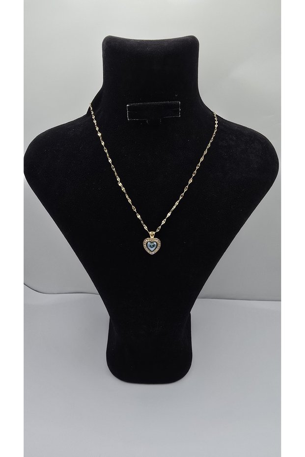 Stainless Steel Gold Color Heart Themed Turquoise Zircon Stone Necklace