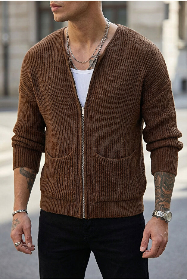 Men's Zippered Brown Knitwear Cardigan Mz62003