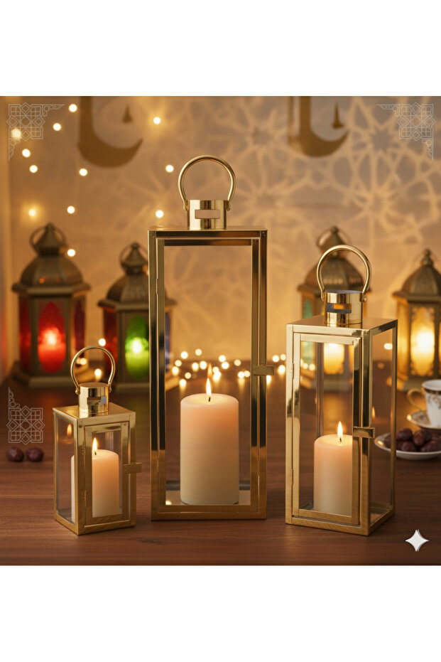 A set of three Ramadan decorative lanterns in different sizes that complement each other neatly, without candles, made of durable metal.