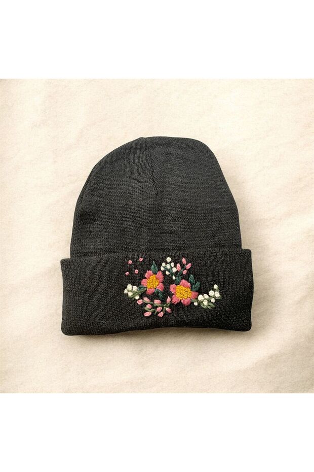 Handmade Flower Embroidery Embroidered Beret (Standard Size) Anthracite