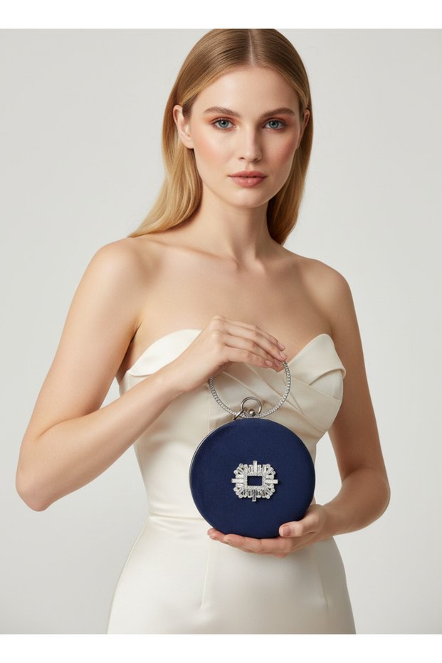 Navy Blue Silver Round Luxury Suede Crystal Stone Women's Evening Dress Bag Wedding Engagement Graduation