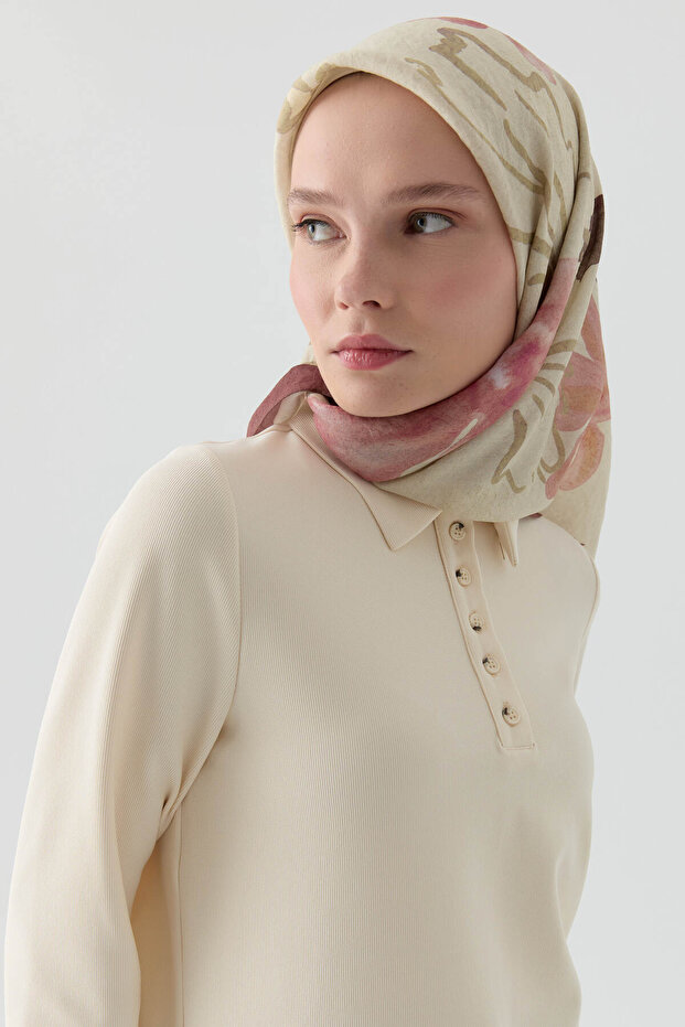 Polo Yaka Örme Bluz - Ekru - 3