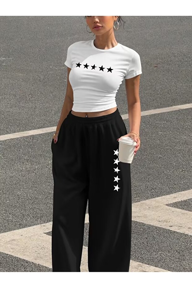 Women's Star Printed Baby Tee Combed Cotton Crop and Sweatpants - Two Piece Tracksuit Set