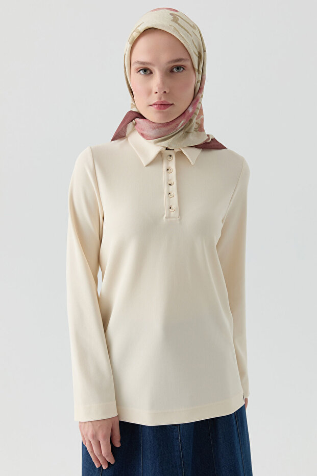 Polo Yaka Örme Bluz - Ekru - 1
