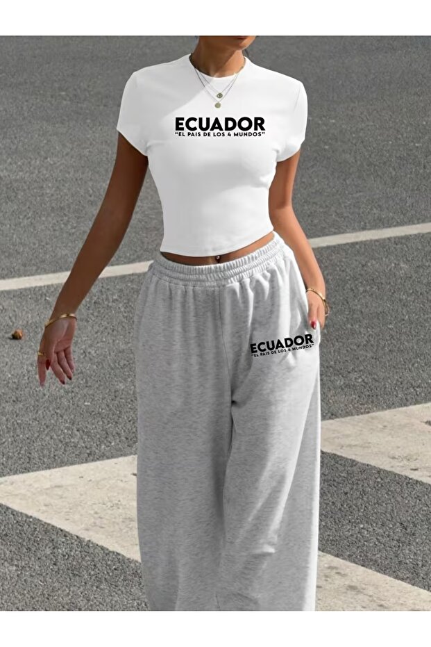 Women's Ecuador Printed Baby Tee Combed Cotton Crop and Sweatpants - Two Piece Sweatsuit Set