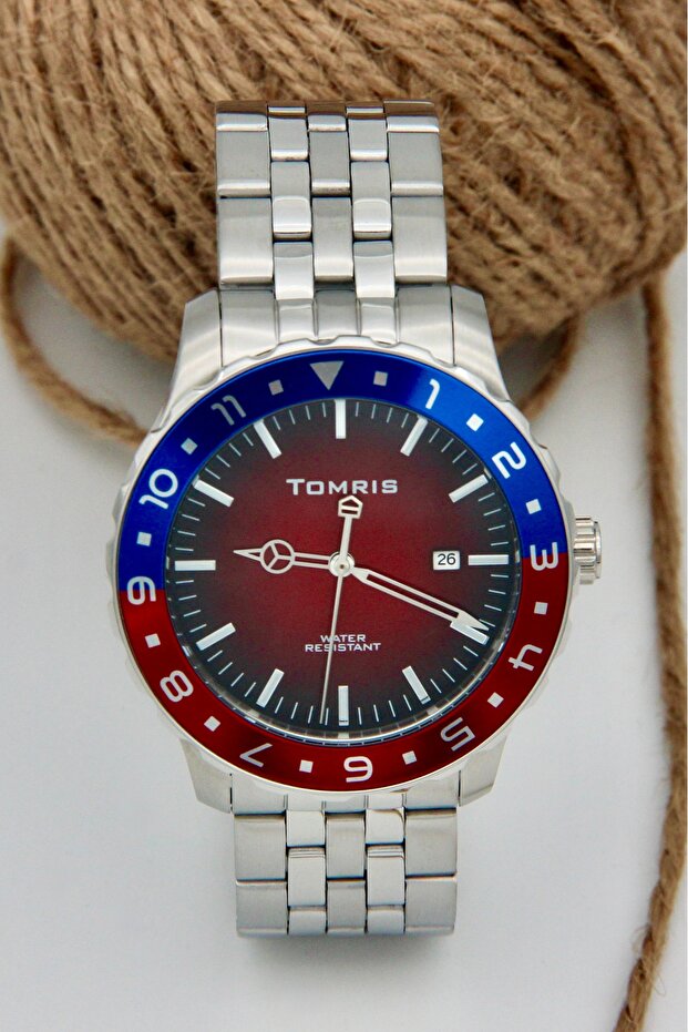 Stainless Steel, Waterproof, Silver Band, Blue Red Red Dial Sporty Wristwatch