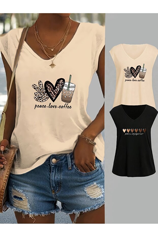 Women's 2 Piece Mix Printed V-Neck Sleeveless Oversized Salas Boyfriend T-Shirt Set