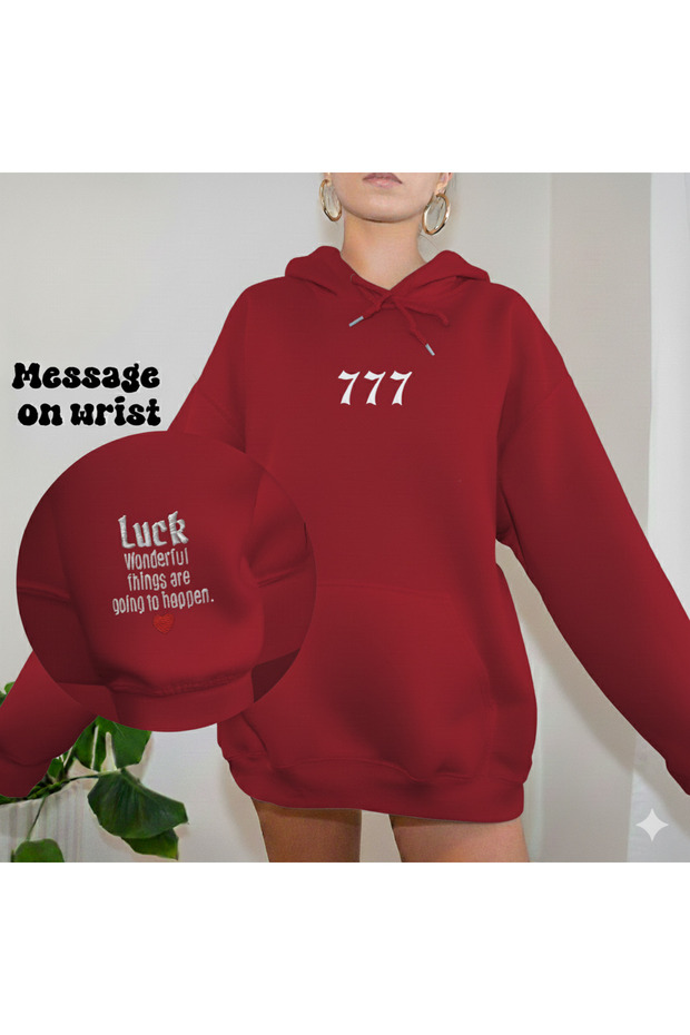 Unisex 777 Printed Sleeve Print Detailed Hooded Oversized 3 Thread Fleece-Lined Loose Fit Hoodie Sweatshirt