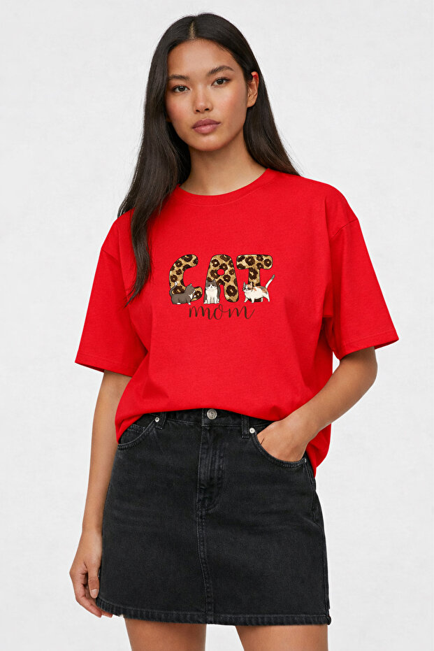 Women's T-Shirt Oversized Comfortable Fit Cat Momm Printed T-Shirt 100% Cotton