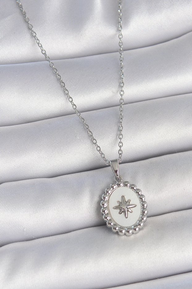 316L Steel Silver Color Chain White Enamel Pole Star Embroidered Medallion Model Women's Necklace
