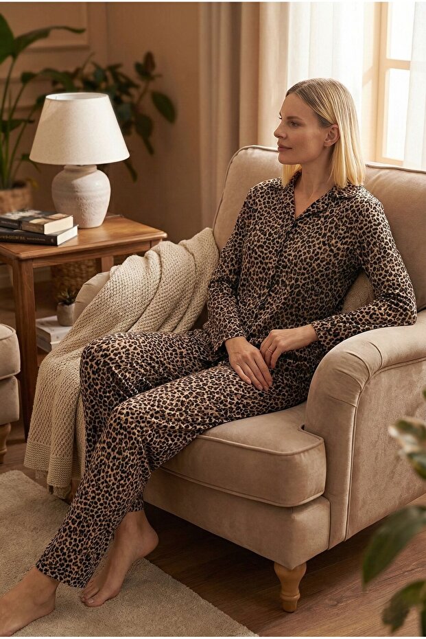 طقم بيجامة بأكمام طويلة وأزرار بنقشة الفهد من الجلد المدبوغ - 3