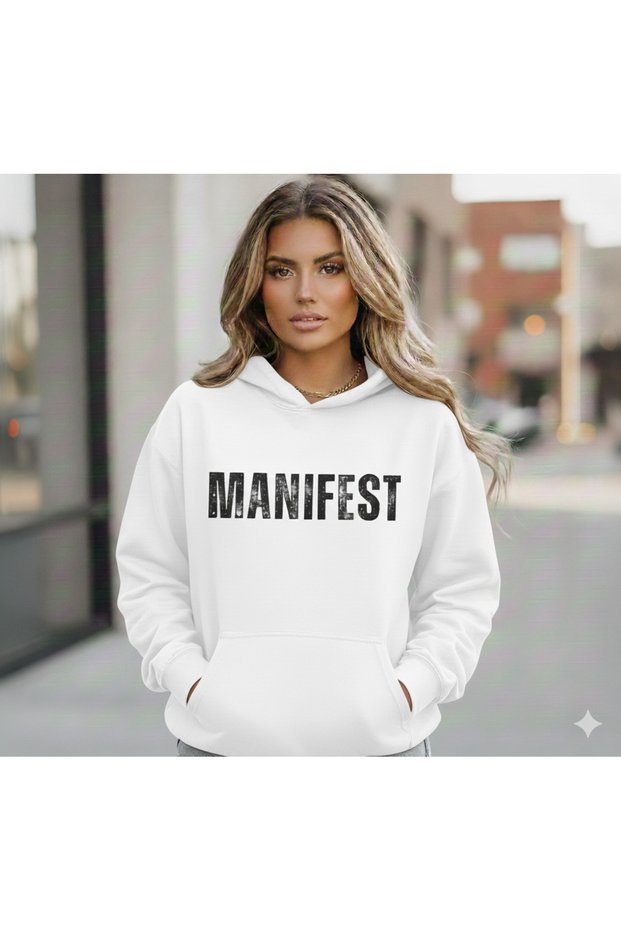 Unisex Manifest Printed Hooded Oversized 3 Thread Fleece-Lined Casual Loose Fit Hoodie Sweatshirt