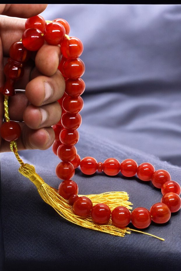 Certified 33-Piece Large Size Efe Boy Maskot Shakşak Turquoise Fire Amber Prayer Beads