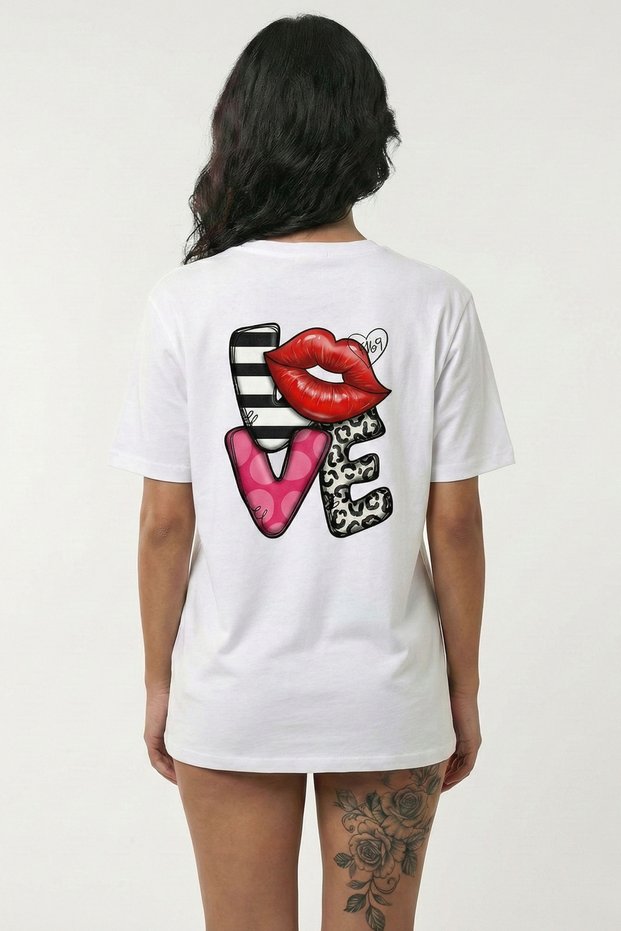 Women's White Love Written Red Lip Leopard Detail Printed 100% Cotton Oversized Crew Neck T-Shirt