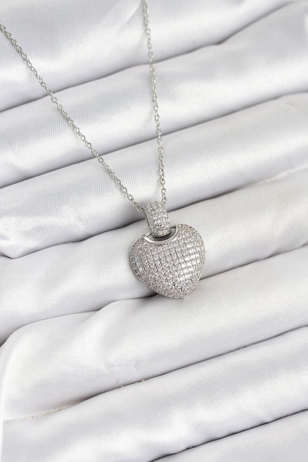316L Steel Chain Silver Color Zircon Stone Heart Women's Necklace