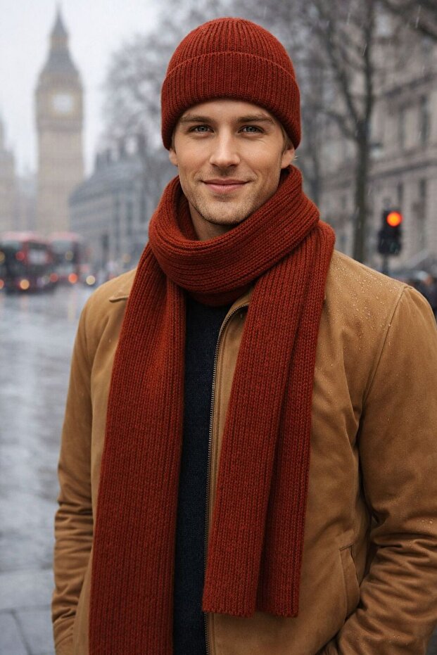 Kiremit Lux Wool Corded Fabric Knitted Men's Scarf and Beanie Set of 2 45X210 cm