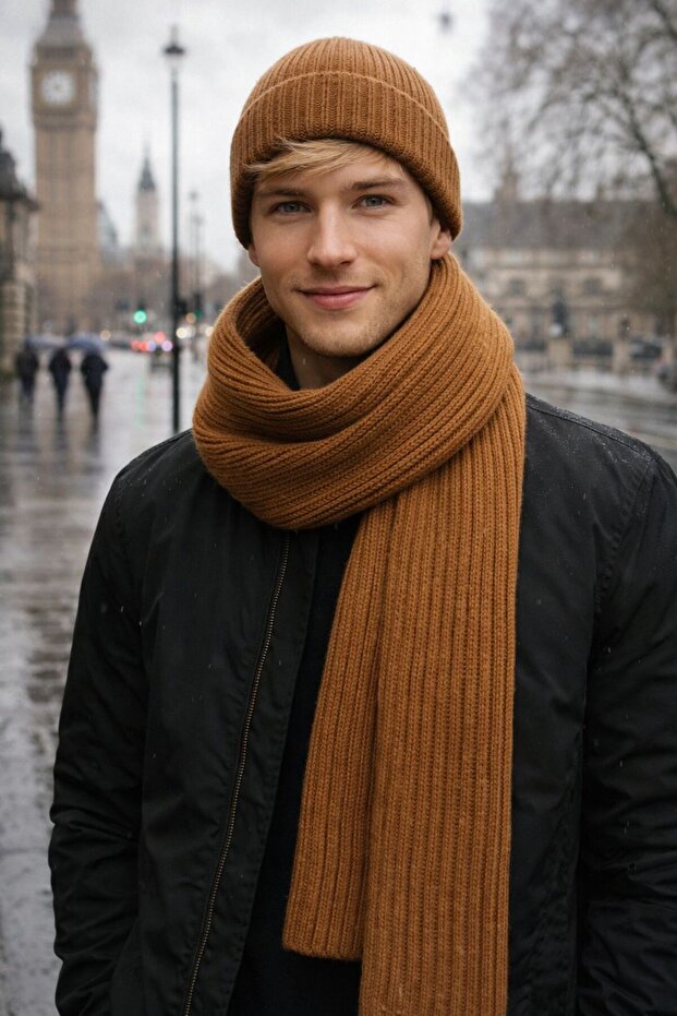 Camel Lux Wool Corded Fabric Knitted Men's Scarf and Beanie Set of 2 45X210 cm