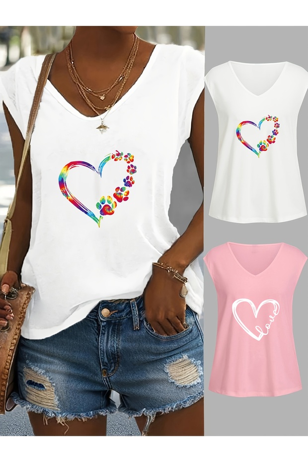 Women's 2 Piece Mix Printed V-Neck Sleeveless Oversized Salas Boyfriend T-Shirt Set