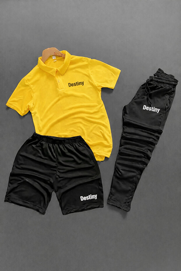 Polo Yaka Destiny Printed 3-Piece Shorts and Sweatpants Set