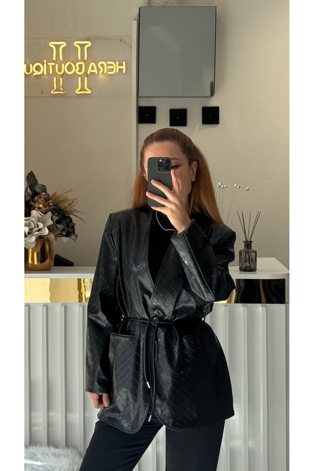 Kuşaklı deri ceket - 1